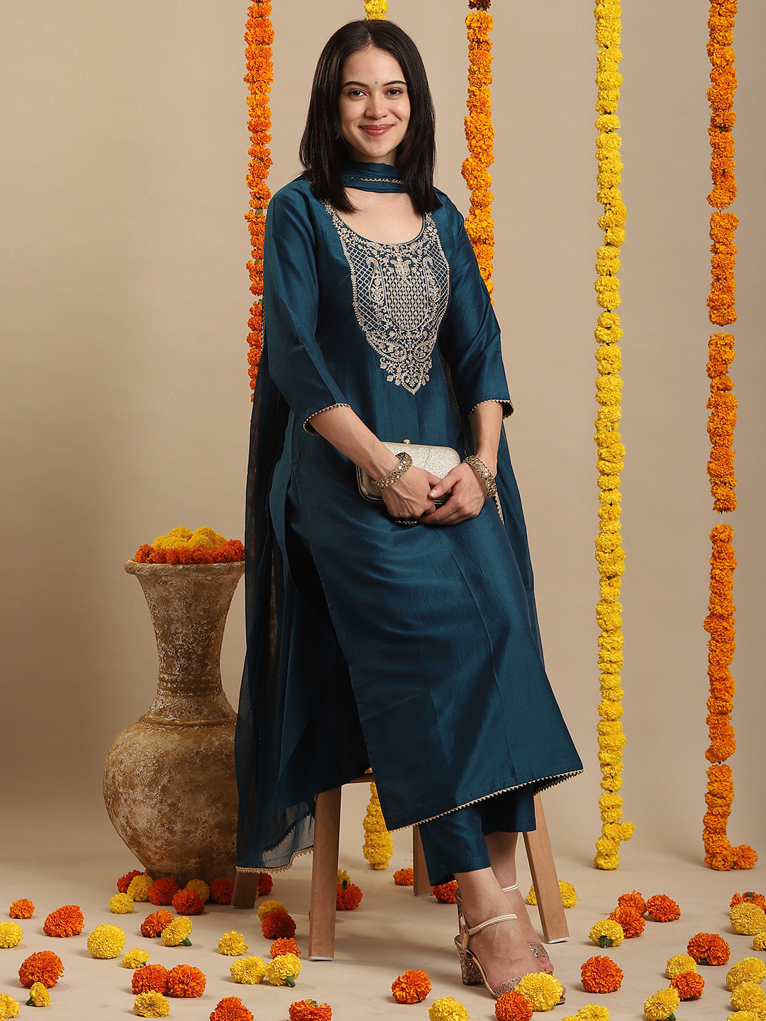 

GoSriKi Ethnic Motifs Embroidered Round Neck Straight Kurta With Trouser And Dupatta, Blue