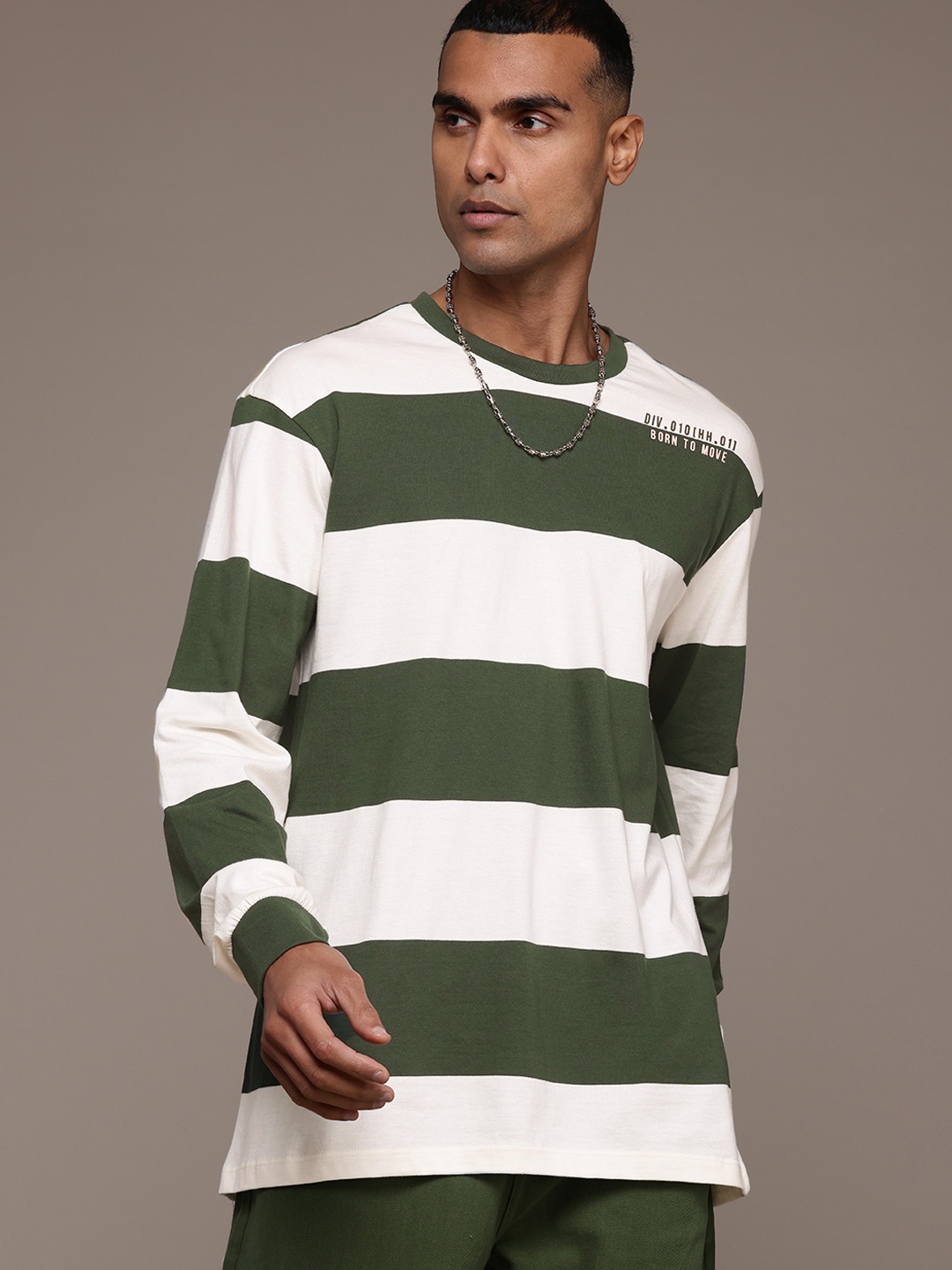 

The Roadster Lifestyle Co. Striped Drop-Shoulder Sleeves Oversized Pure Cotton T-shirt, Olive