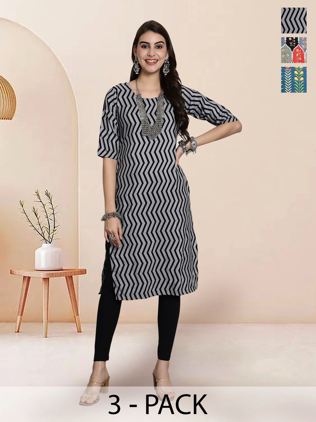 

7Threads Selection Of 3 Chevron Printed Round Neck Straight Kurtas, Black