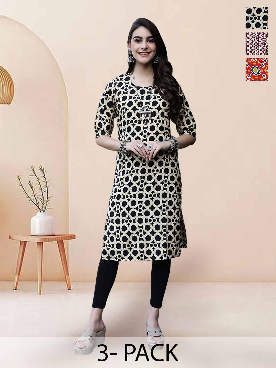 

7Threads Selection of 3 Geometric Printed Round Neck Straight Kurtas, Black