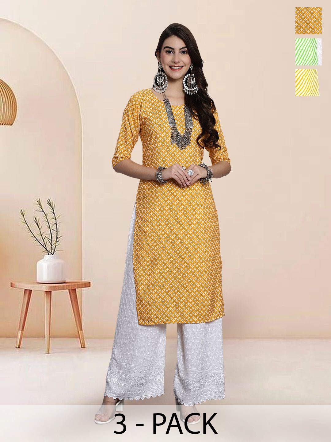 

7Threads Selection Of 3 Floral Printed Round Neck Straight Kurtas, Mustard