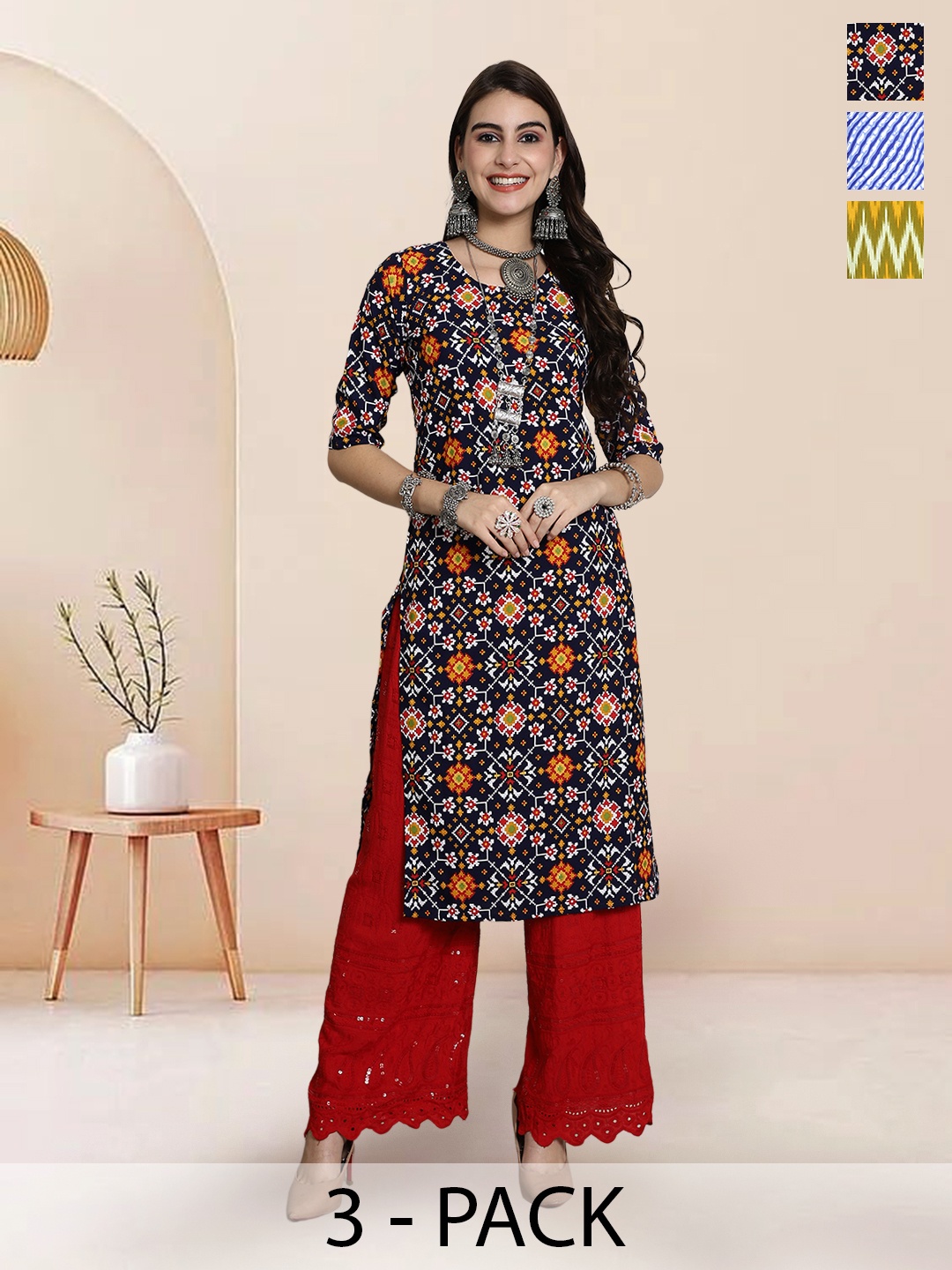 

7Threads Selection Of 3 Ethnic Motifs Printed Round Neck Straight Kurtas, Black