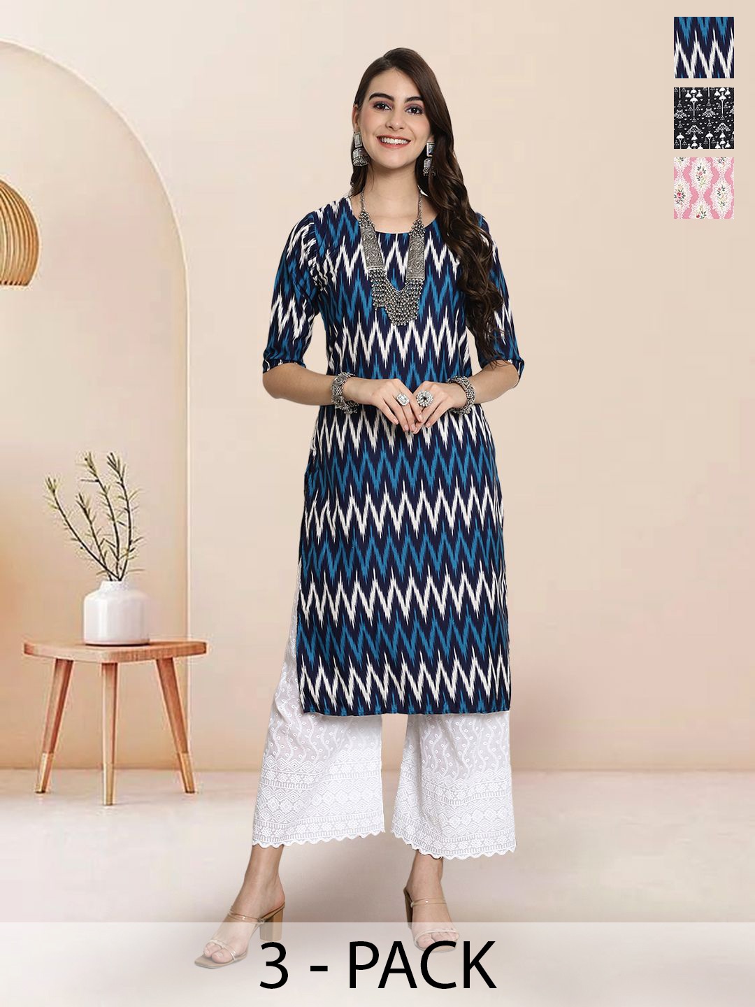 

7Threads Selection of 3 Ethnic Motifs Printed Round Neck Straight Kurtas, Navy blue