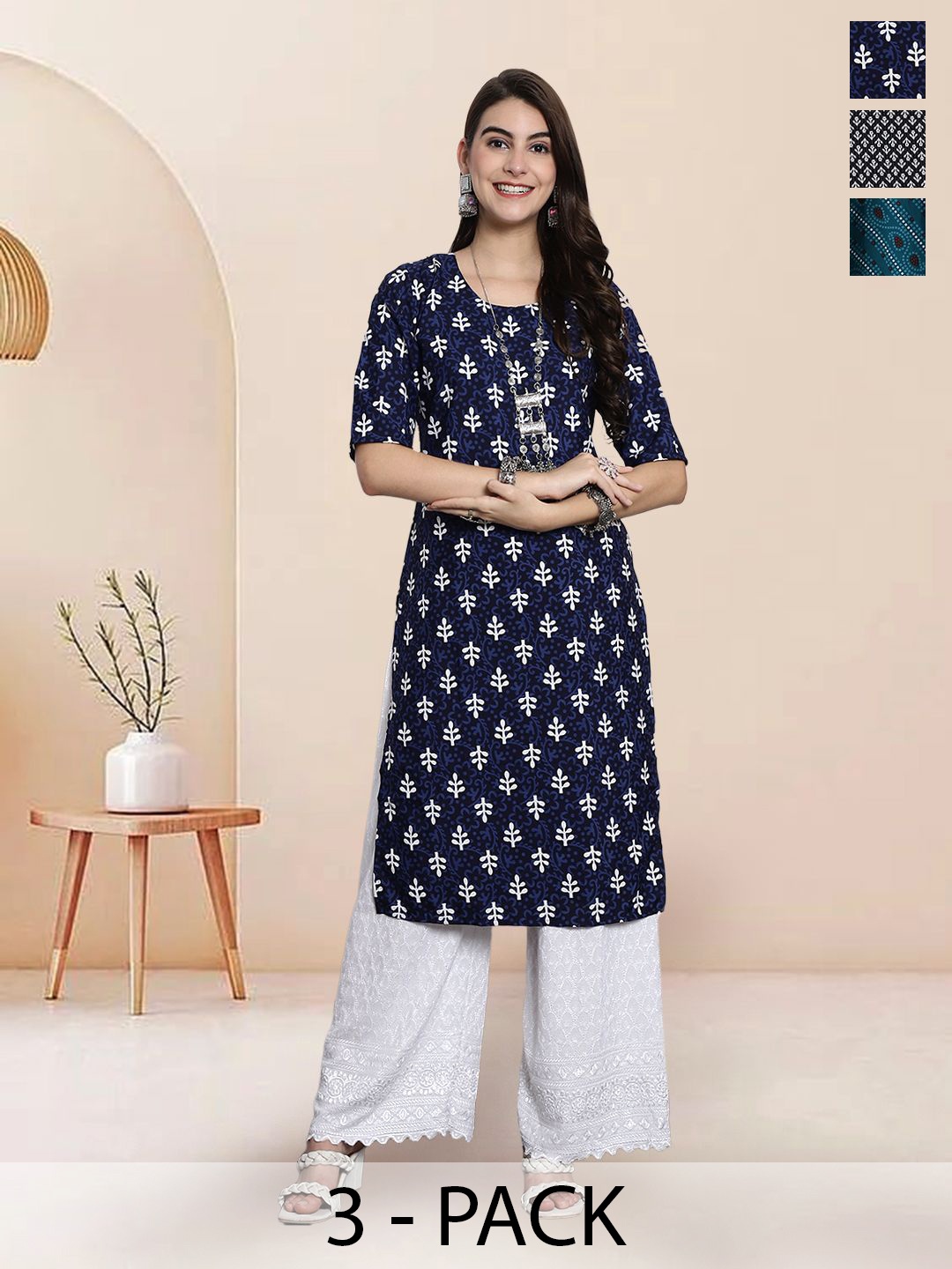 

7Threads Selection Of 3 Floral Printed Round Neck Straight Kurtas, Navy blue