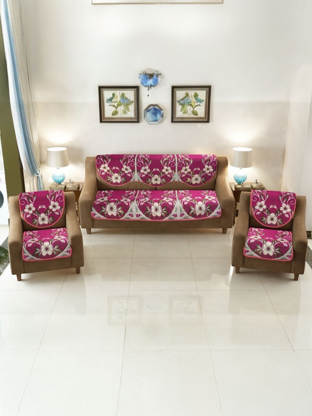 

BIGGER FISH Pink 6 Pieces 5 Seater Floral Printed Cotton Sofa Cover