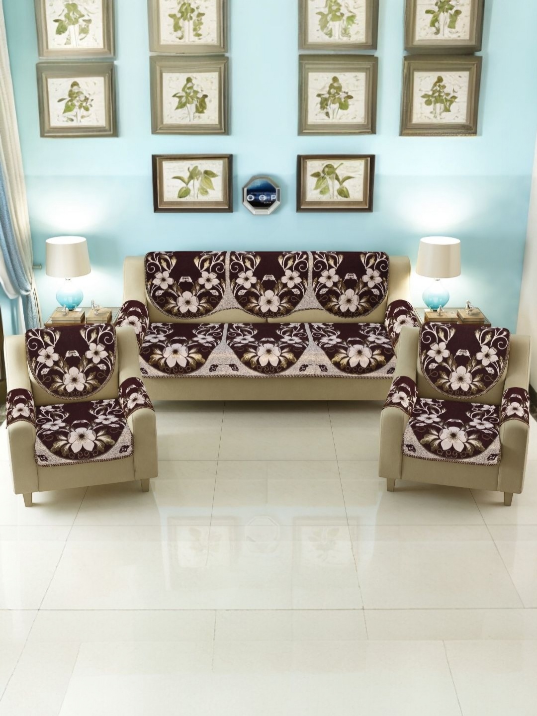 

BIGGER FISH Coffee Brown 6 Pieces 5 Seater Floral Printed Cotton Sofa Cover With Arms