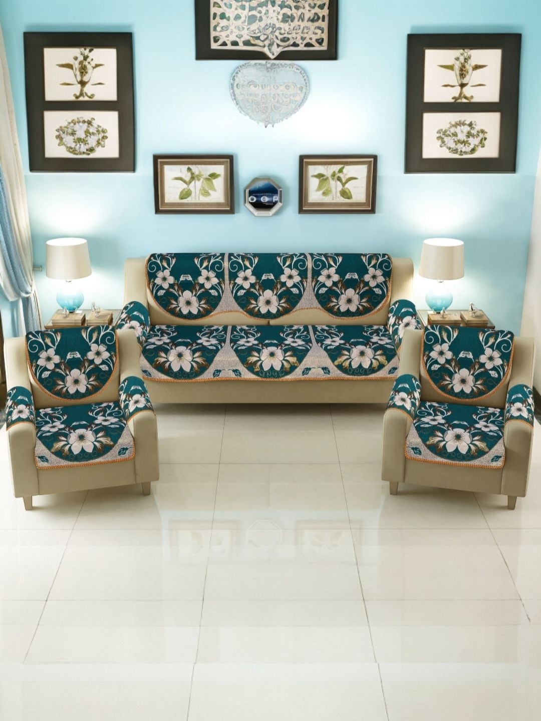 

BIGGER FISH Green 6 Pieces 5 Seater Floral Printed Cotton Sofa Cover With Arms