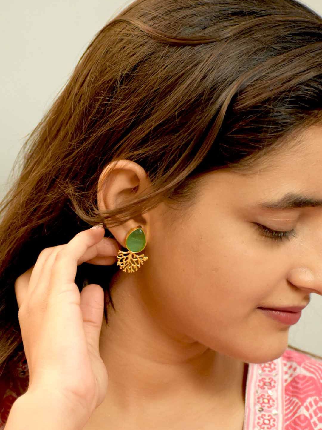 

TISHUL JEWELS Gold-Plated Artificial Stones Studded Contemporary Studs, Sea green