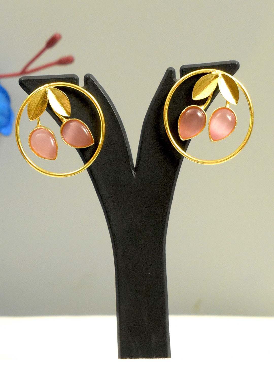 

TISHUL JEWELS Gold-Plated Artificial Stones Studded Contemporary Drop Earrings, Pink