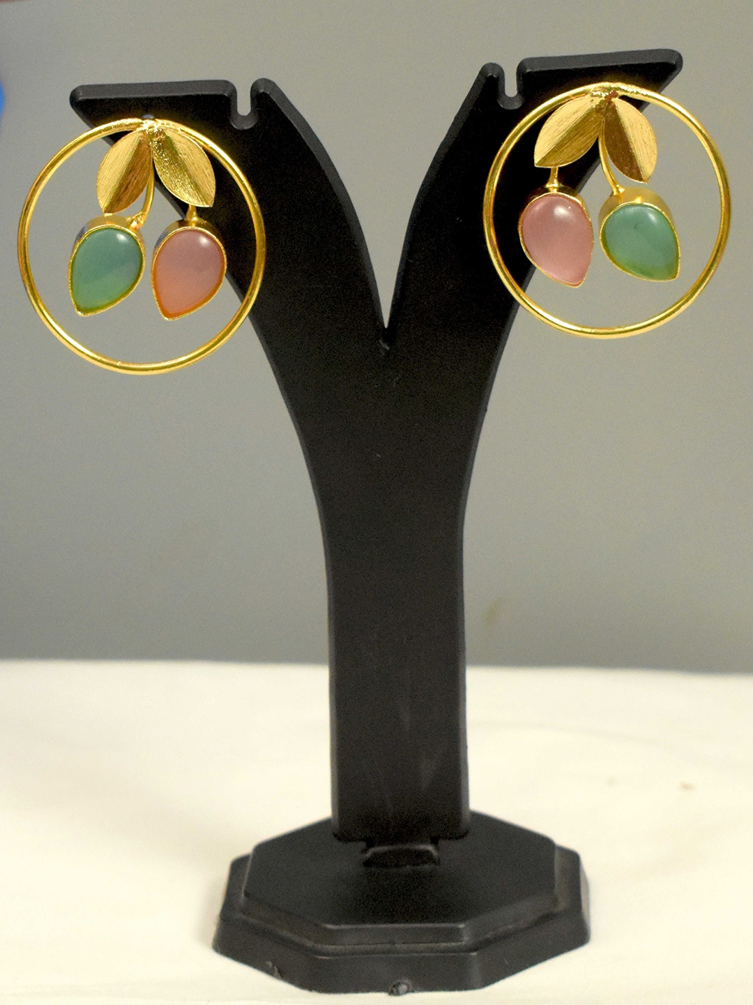 

TISHUL JEWELS Gold-Plated Artificial Beads Studded Circular Shaped Drop Earrings, Green