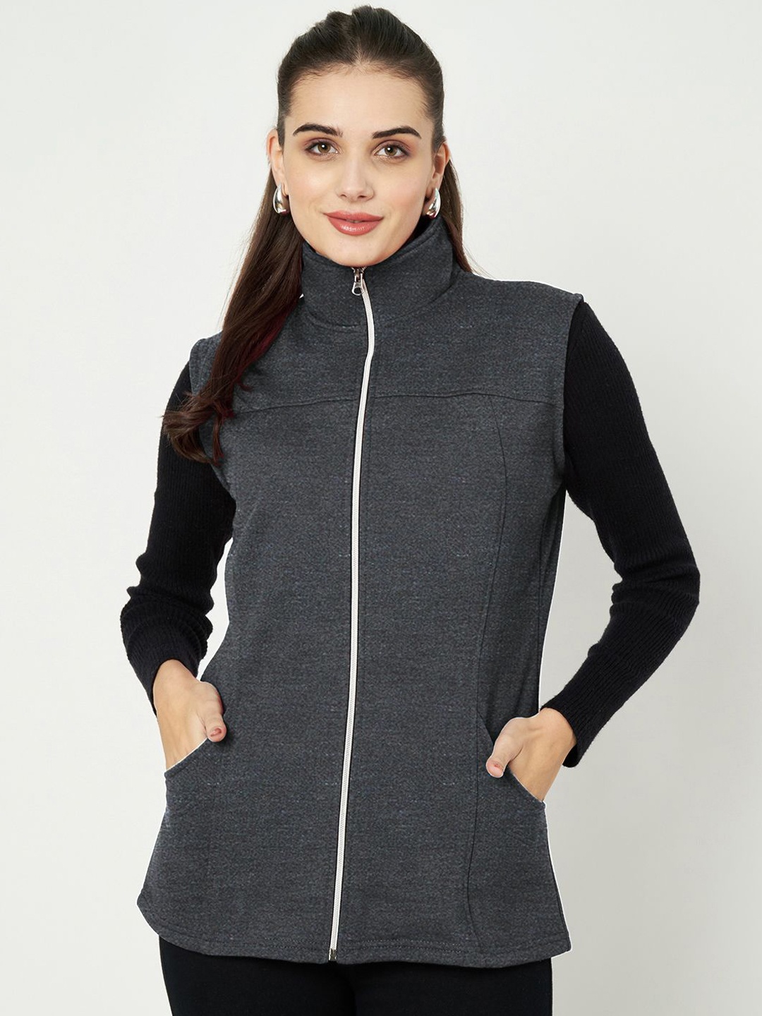 

BRINNS Women Solid Mock Collar Tailored Jacket, Charcoal