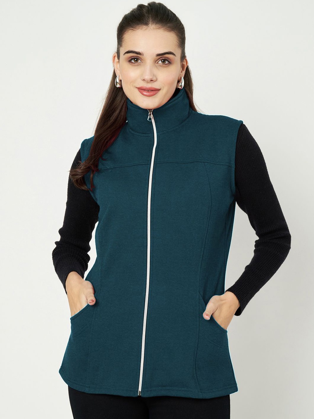 

BRINNS Women Solid Mock Collar Tailored Jacket, Teal