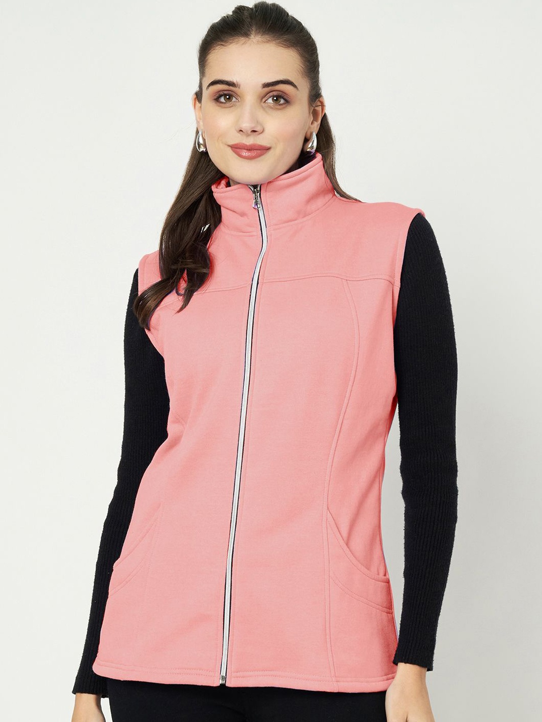 

BRINNS Women Solid Mock Collar Fleece Tailored Jacket, Pink