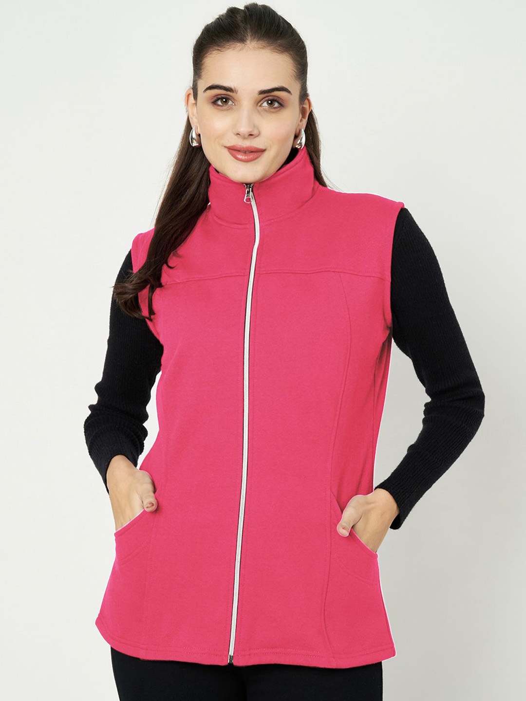 

BRINNS Women Solid Mock Collar Tailored Jacket, Magenta