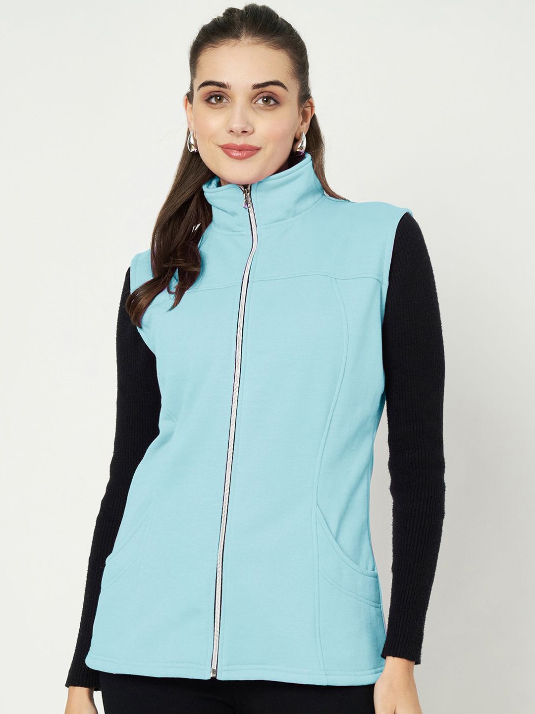 

BRINNS Women Solid Mock Collar Tailored Jacket, Turquoise blue