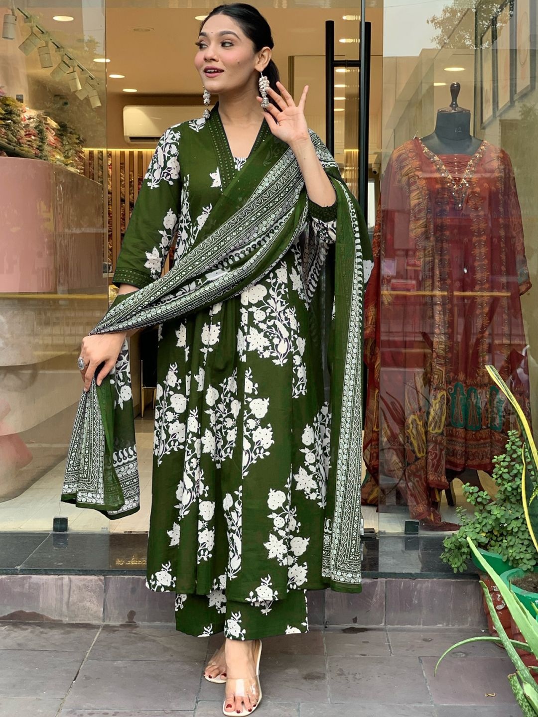 

BAESD Floral Printed Mirror Work Pleated Muslin Anarkali Kurta With Palazzos & Dupatta, Olive