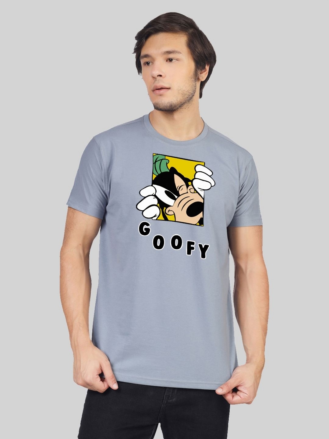 

Greylongg Men Goofy Graphic Printed Round Neck Cotton T-shirt, Grey