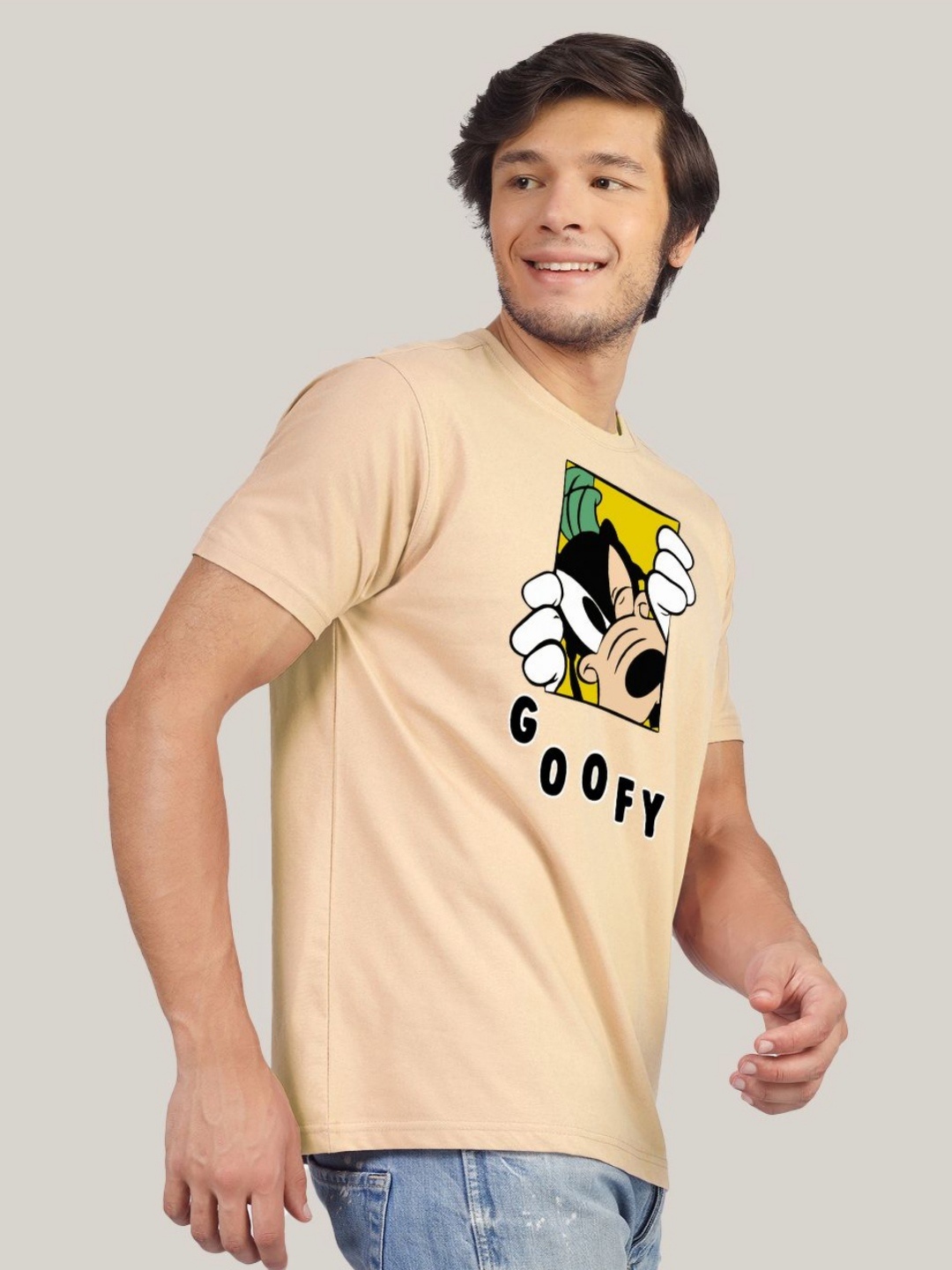 

Greylongg Men Goofy Graphic Printed Round Neck Cotton T-shirt, Beige