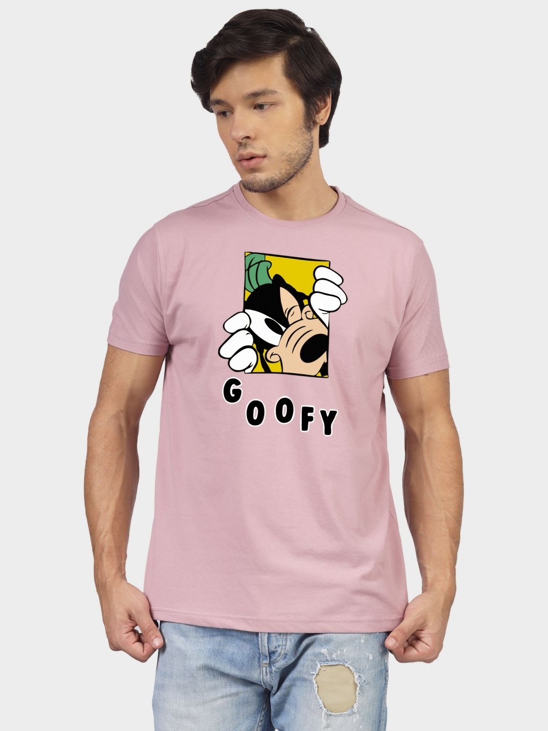 

Greylongg Men Goofy Graphic Printed Round Neck Cotton T-shirt, Pink