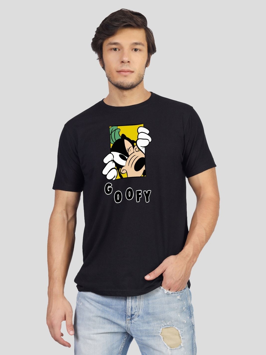 

Greylongg Men Goofy Graphic Printed Round Neck Cotton T-shirt, Black