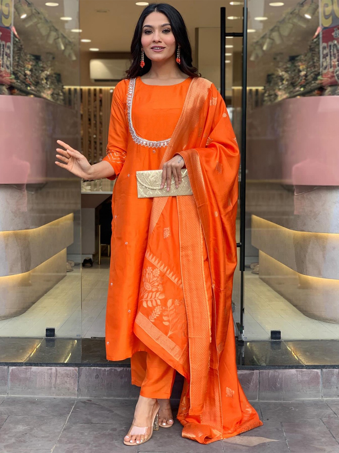 

GoSriKi Zari Embroidered Straight Kurta with Trousers And Dupatta, Orange