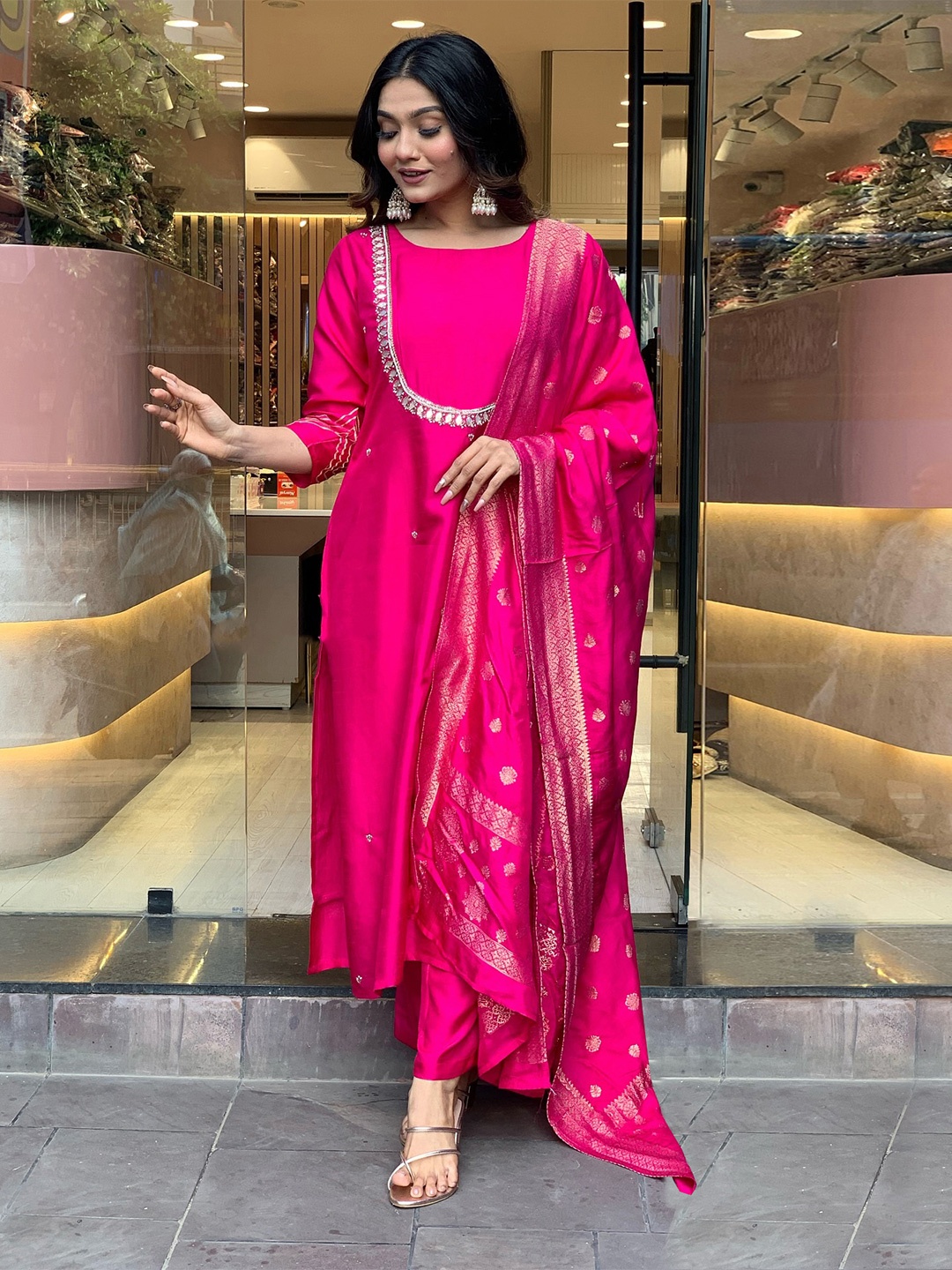 

GoSriKi Mirror Work Round Neck Straight Kurta With Trousers And Dupatta, Pink