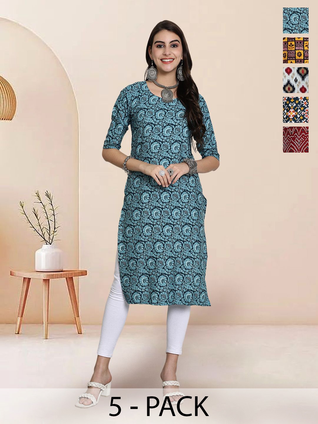 

7Threads Selection Of 5 Geometric Printed Straight Kurtas, Teal
