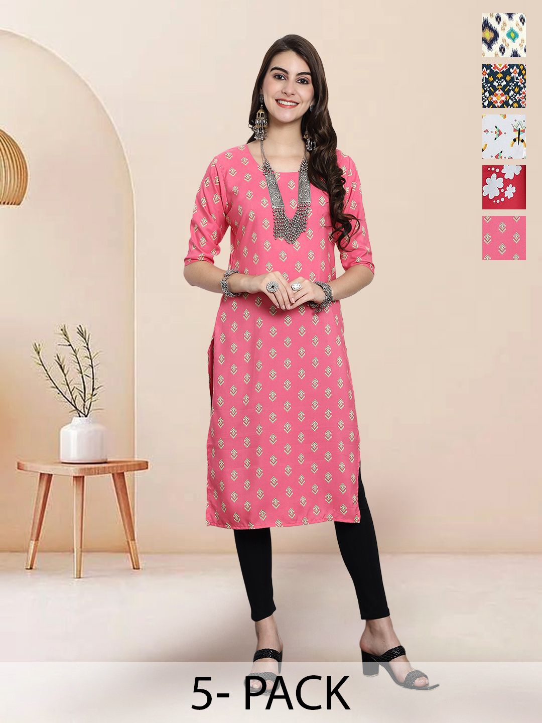 

7Threads Selection Of 5 Ethnic Motifs Printed Round Neck Straight Kurtas, Pink