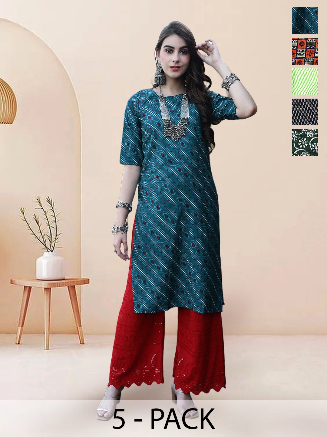 

7Threads Selection Of 5 Leheriya Printed Round Neck Kurtas, Green