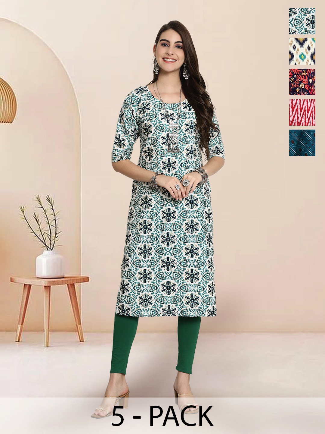 

7Threads Selection of 5 Floral Printed Round Neck Straight Kurtas, Green