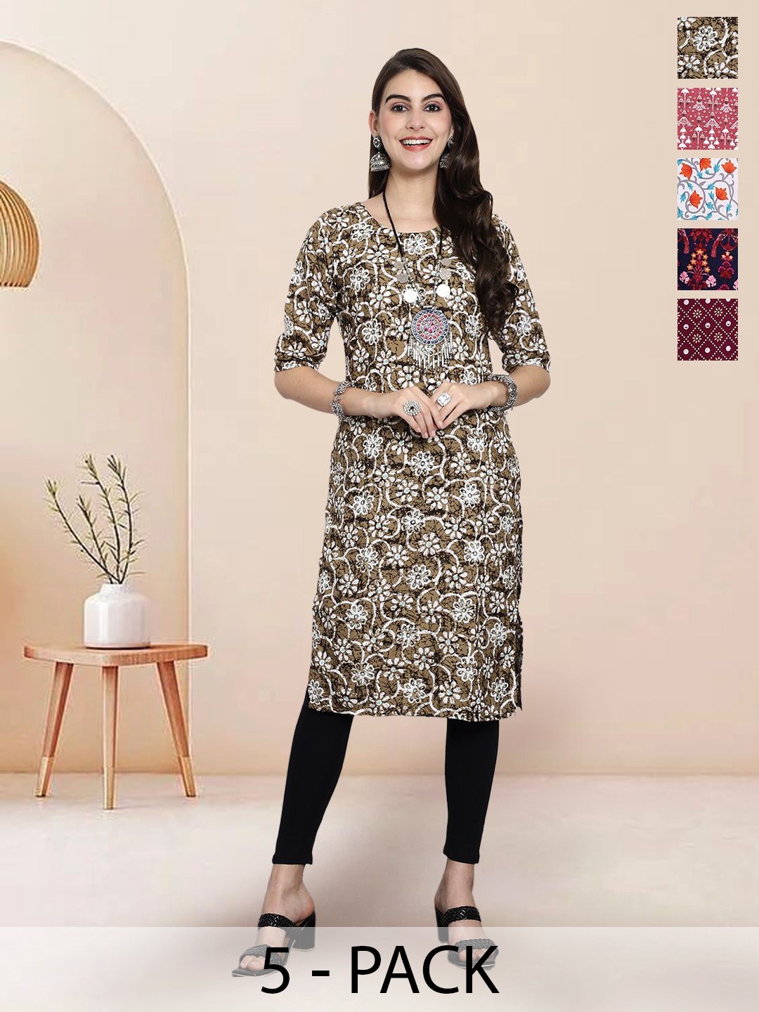 

7Threads Selection of 5 Floral Printed Straight Kurtas, Brown