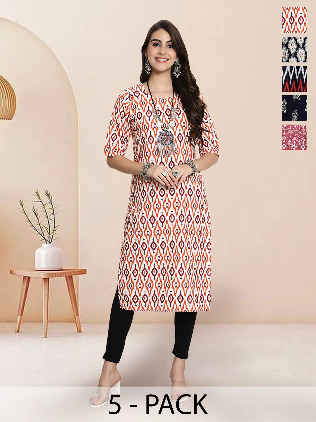 

7Threads Selection Of 5 Ethnic Motifs Printed Round Neck Straight Kurtas, White