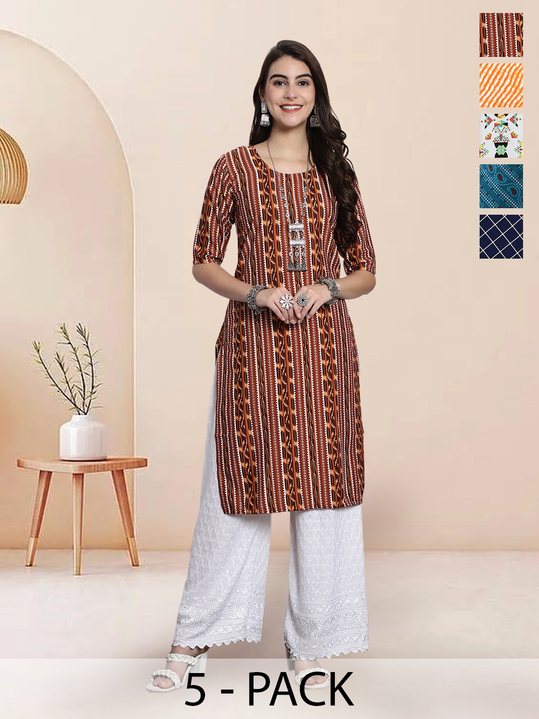 

7Threads Selection of 5 Checked Round Neck Straight Kurtas, Navy blue