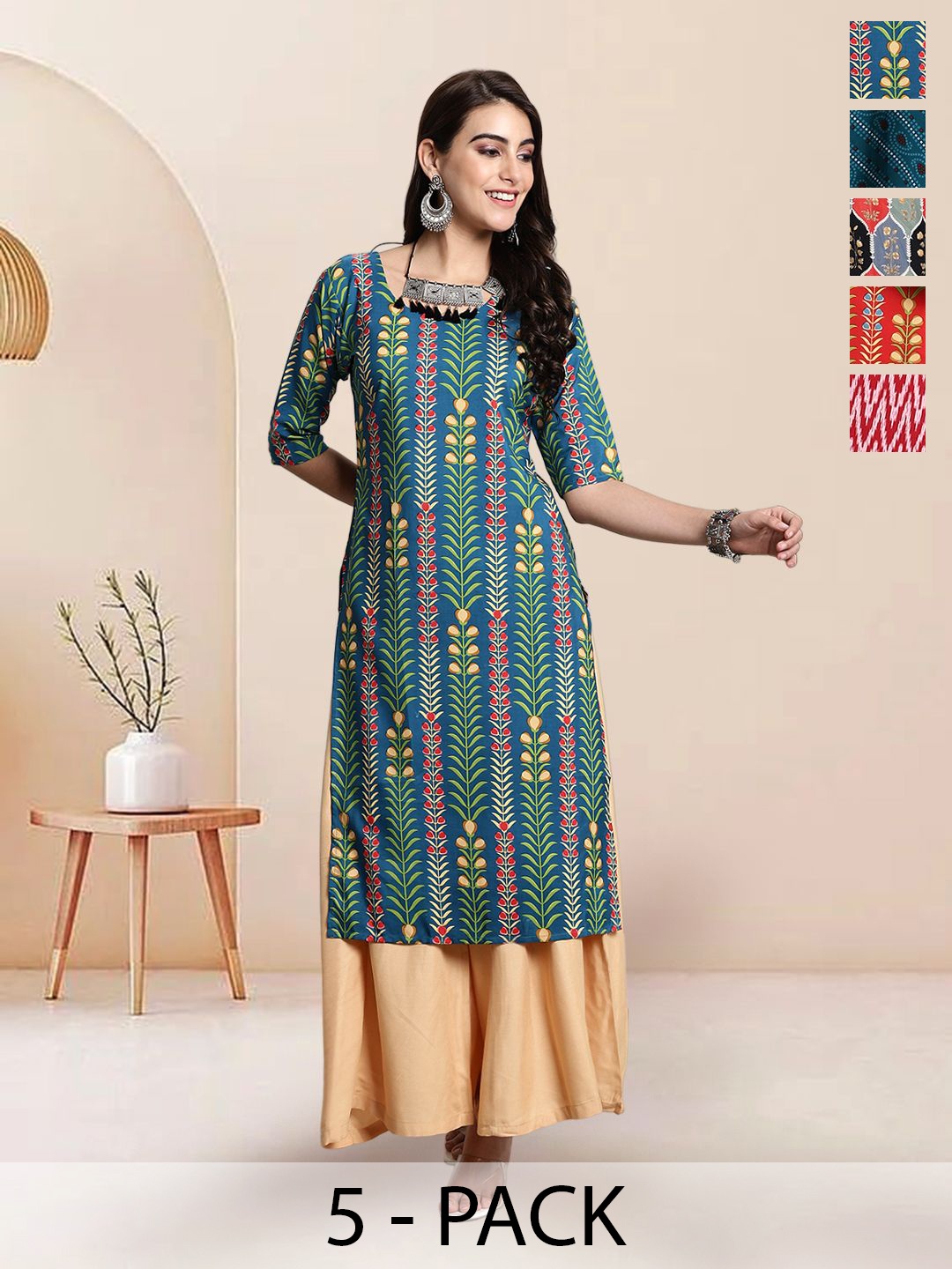 

7Threads Selection Of 5 Floral Printed Round Neck Straight Kurtas, Blue