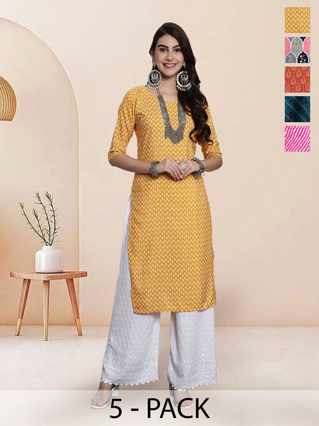 

7Threads Selection Of 5 Ethnic Motifs Printed Round Neck Straight Kurtas, Yellow