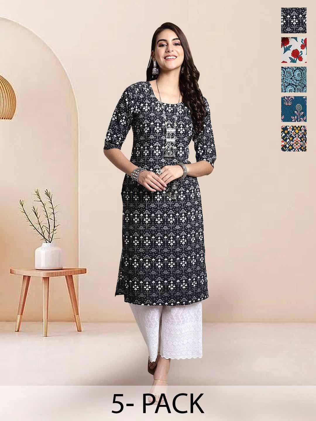 

7Threads Selection of 5 Ethnic Motifs Printed Round Neck Straight Kurtas, Black