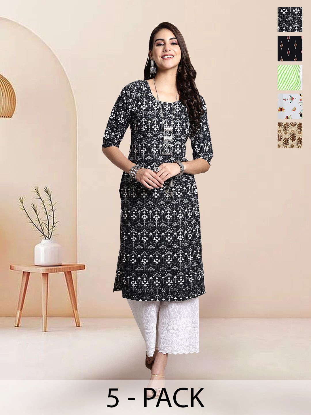 

7Threads Selection Of 5 Ethnic Motifs Printed Round-Neck Kurta, Black