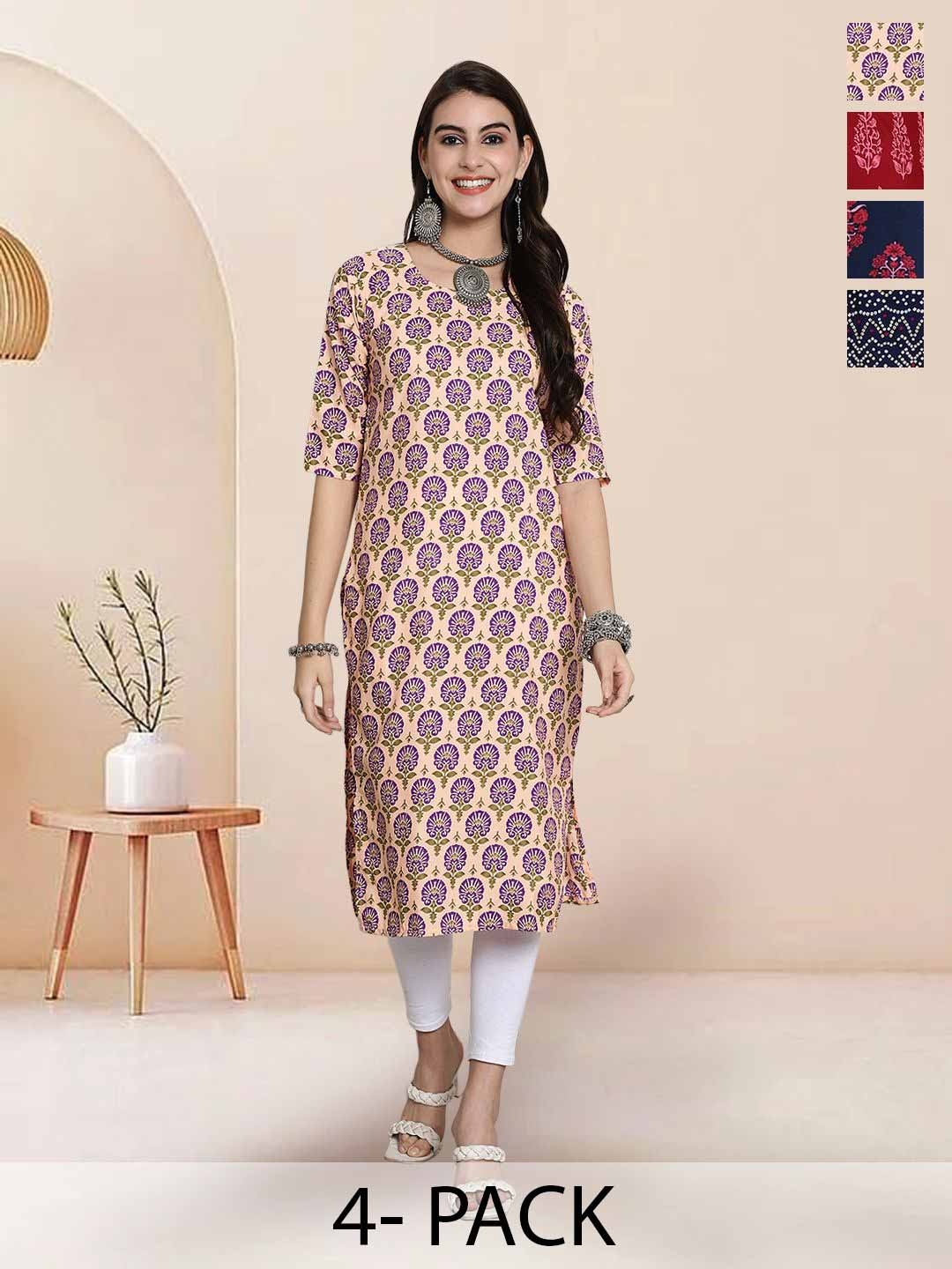 

7Threads Selection Of 4 Floral Printed Round Neck Straight Kurtas, Peach