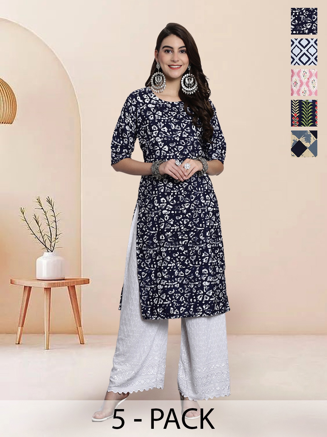 

7Threads Selection of 5 Geometric Printed Round Neck Straight Kurtas, Beige