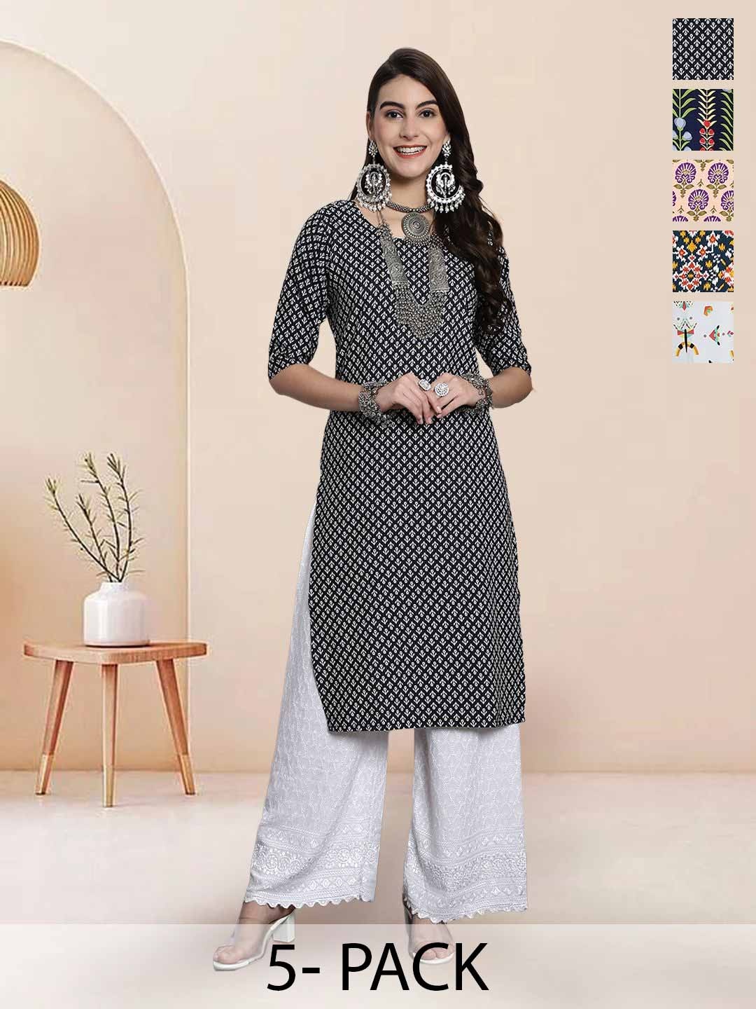 

7Threads Selection Of 5 Floral Printed Round Neck Straight Kurtas, Peach