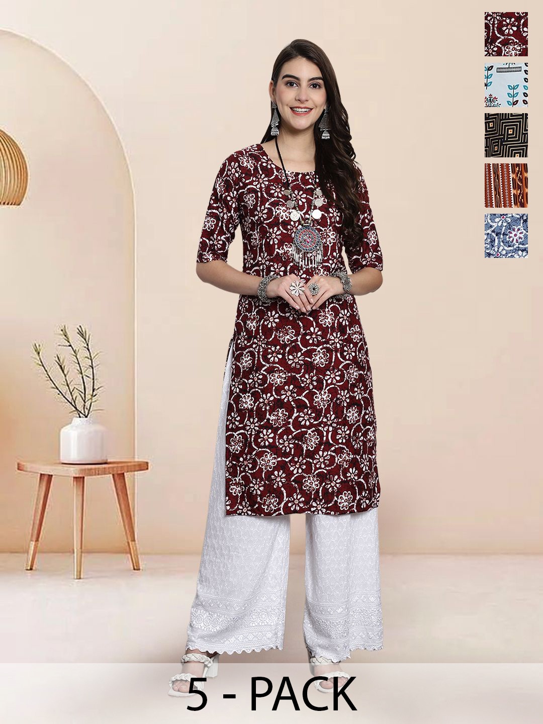 

7Threads Selection of 5 Floral Printed Round Neck Straight Kurtas, Maroon