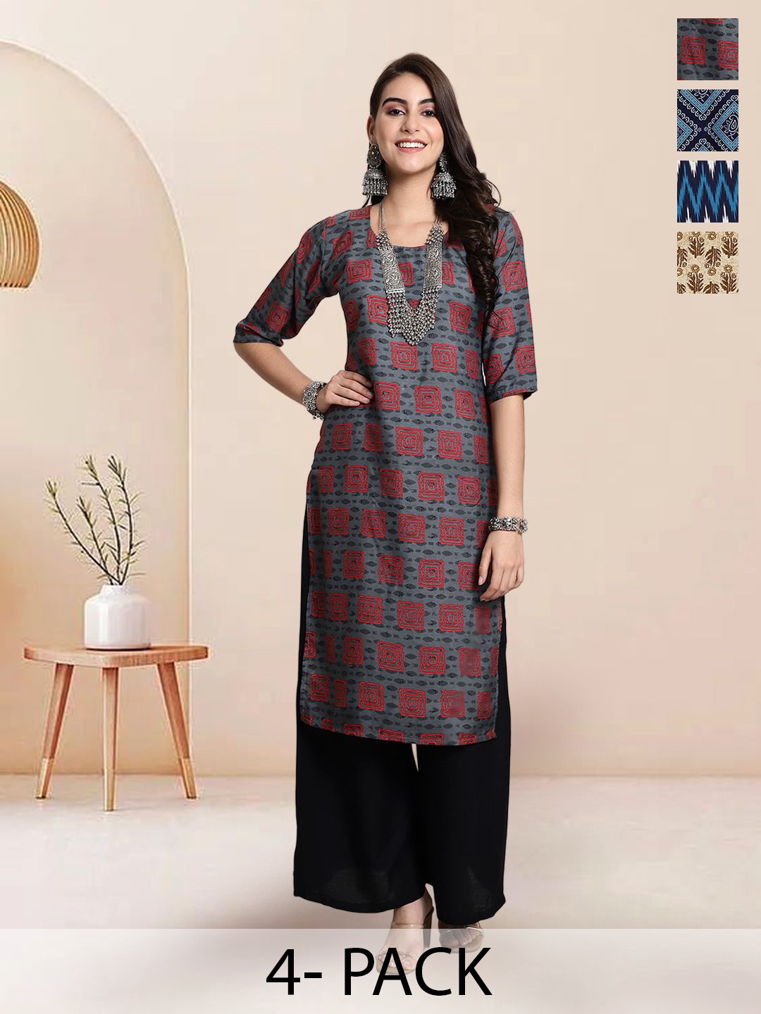 

7Threads Selection Of 4 Geometric Printed Round Neck Straight Kurtas, Grey