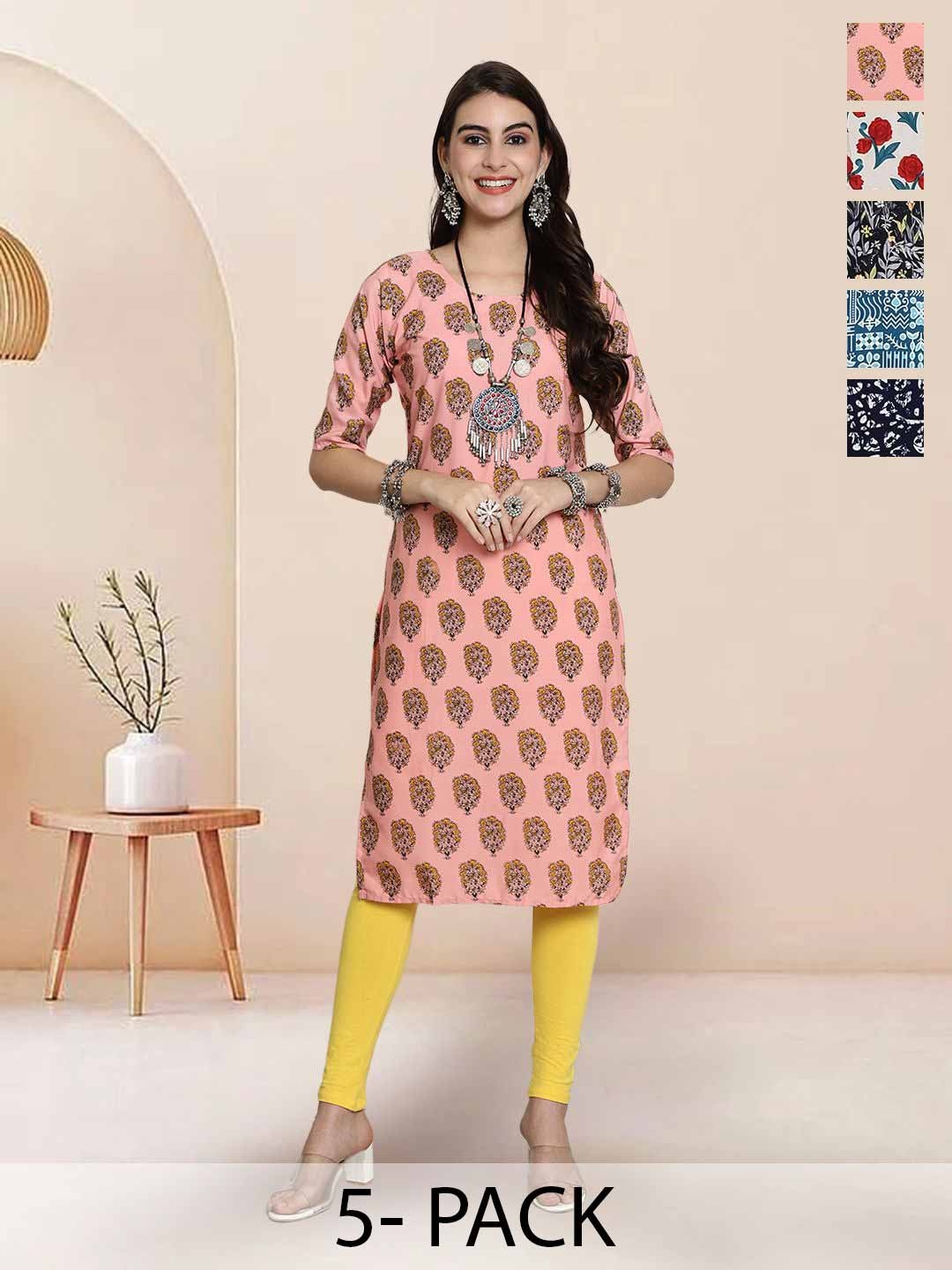

7Threads Selection Of 5 Floral Printed Round Neck Kurtas, Pink