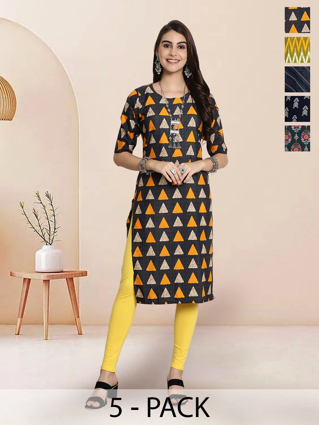 

7Threads Selection Of 5 Geometric Printed Round Neck Straight Kurtas, Black