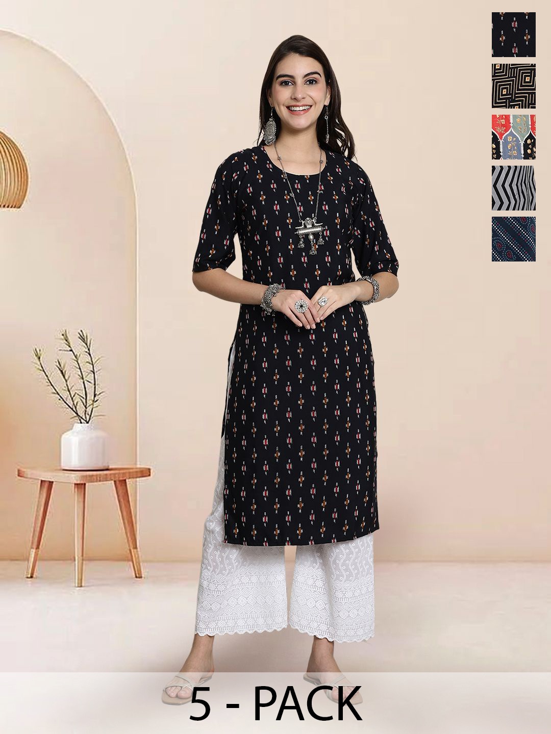 

7Threads Selection Of 5 Geometric Printed Round Neck Straight Kurtas, Black