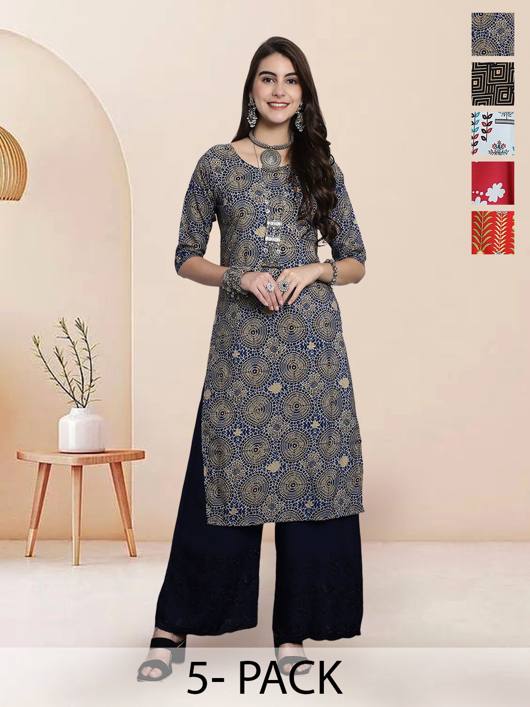 

7Threads Selection Of 5 Ethnic Motifs Printed Round-Neck Kurta, Brown