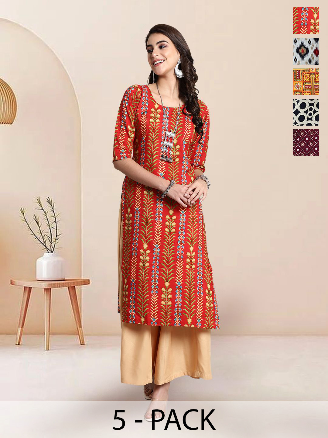 

7Threads Selection Of 5 Floral Printed Round Neck Straight Kurtas, Red