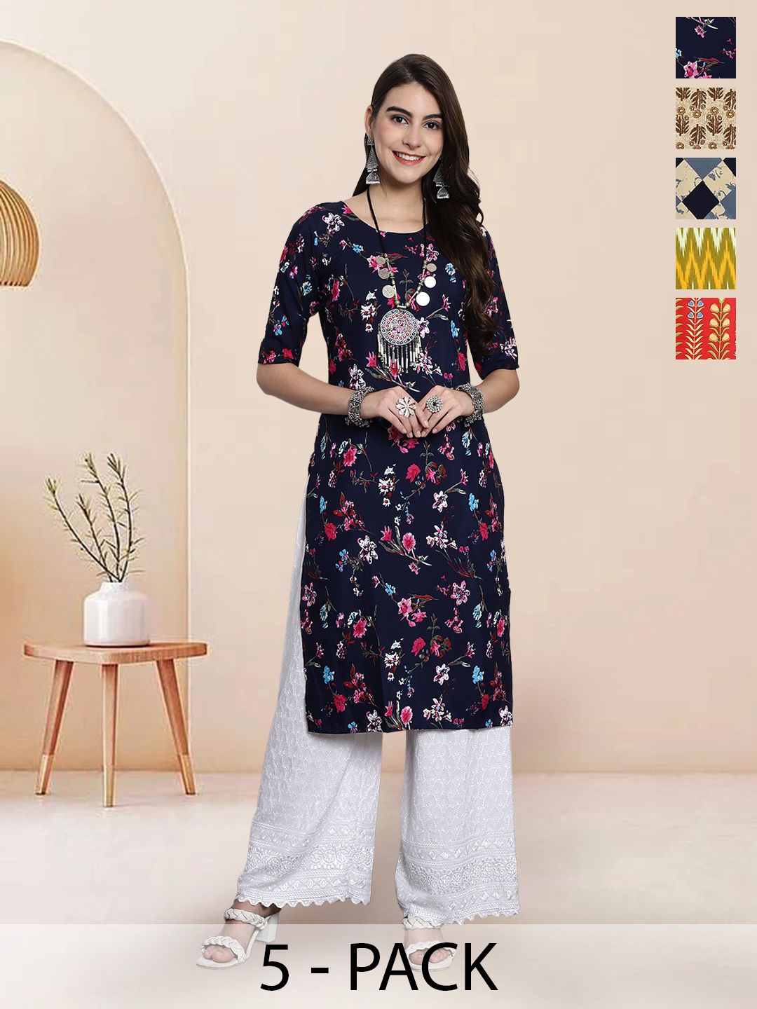 

7Threads Selection Of 5 Floral Printed Round Neck Straight Kurtas, Navy blue