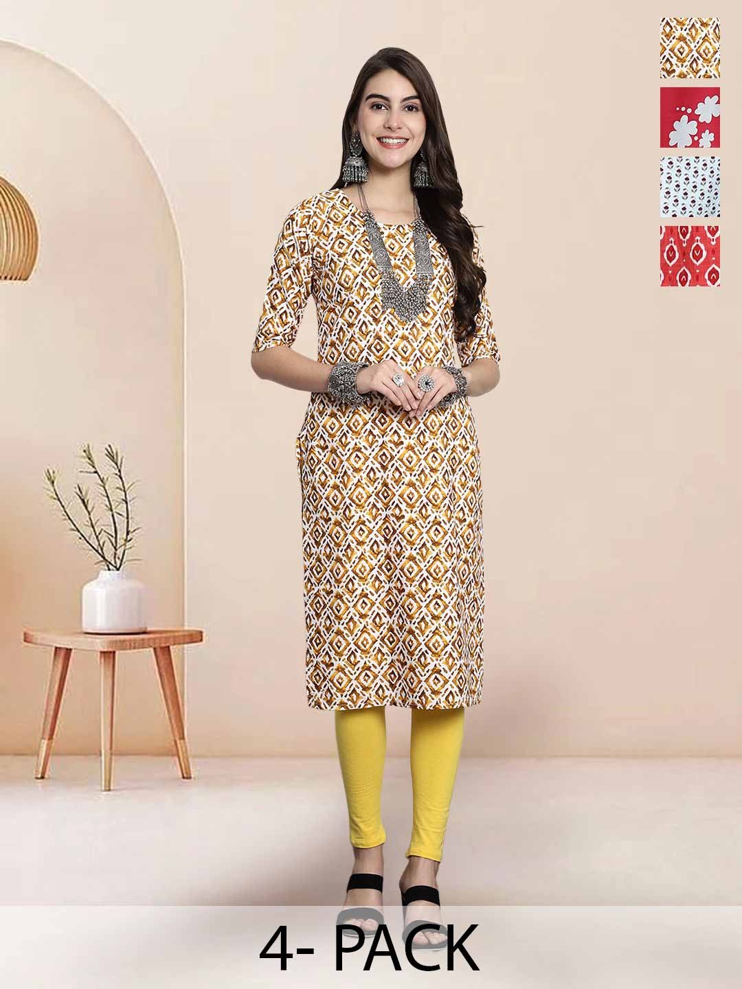 

7Threads Selection Of 4 Geometric Printed Straight Kurtas, Cream