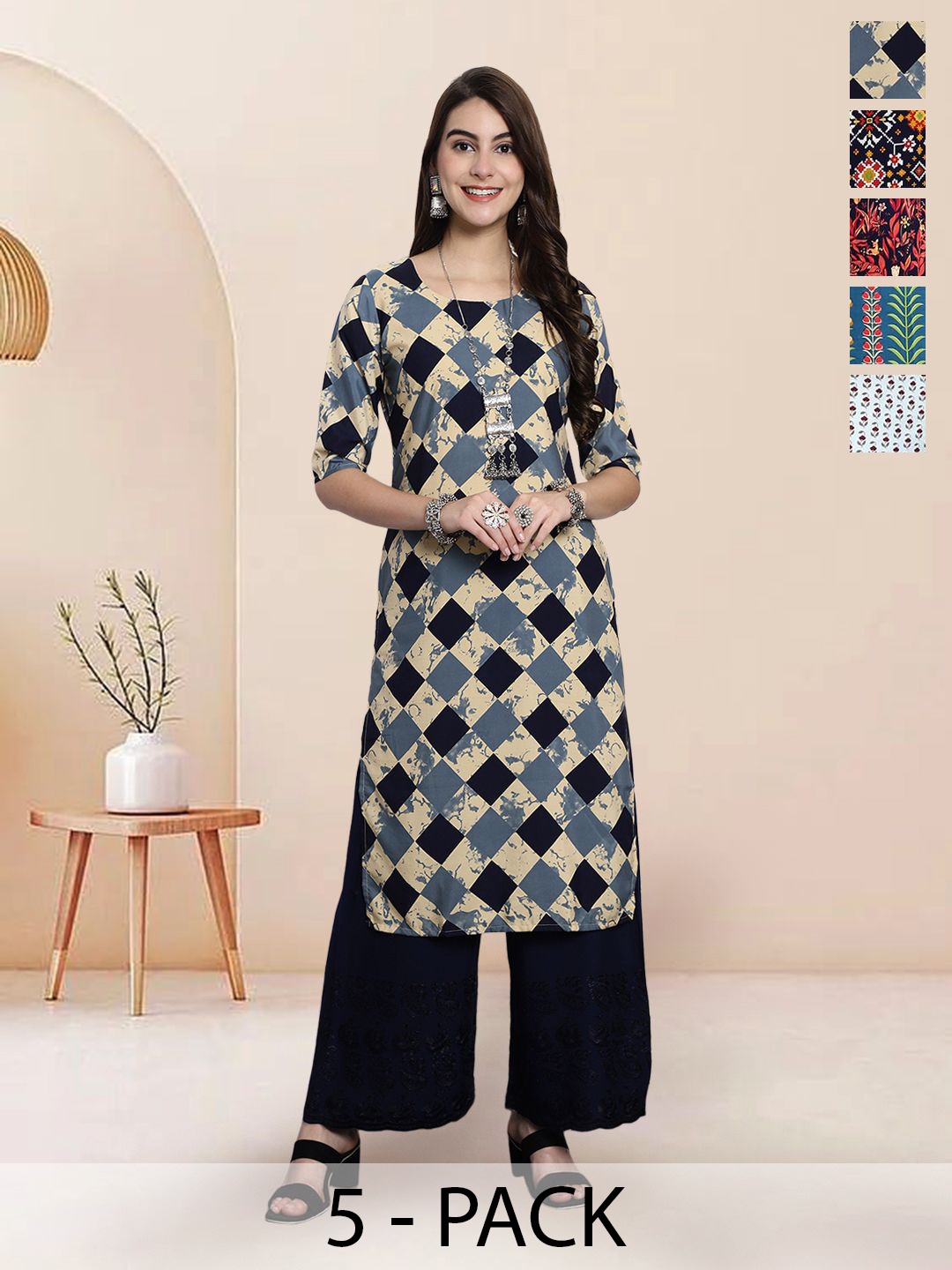 

7Threads Selection Of 5 Geometric Printed Round Neck Straight Kurtas, Beige